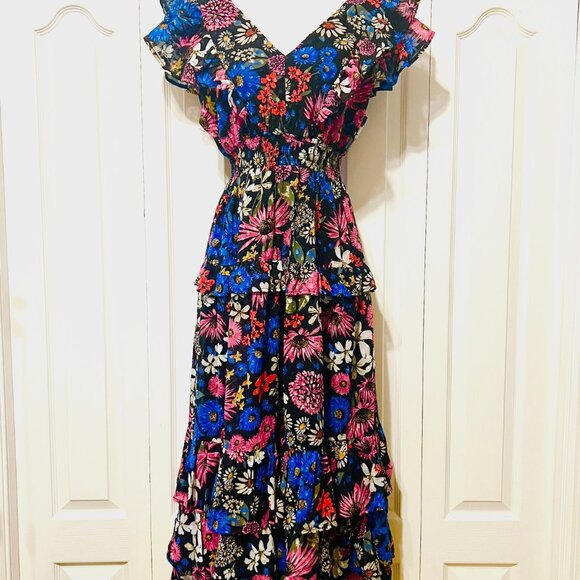 KoKo & Mason-Long Ruffled Floral Dress-Size X Small-Black/Pink Mix-Boho-Ruffles - Picture 1 of 16